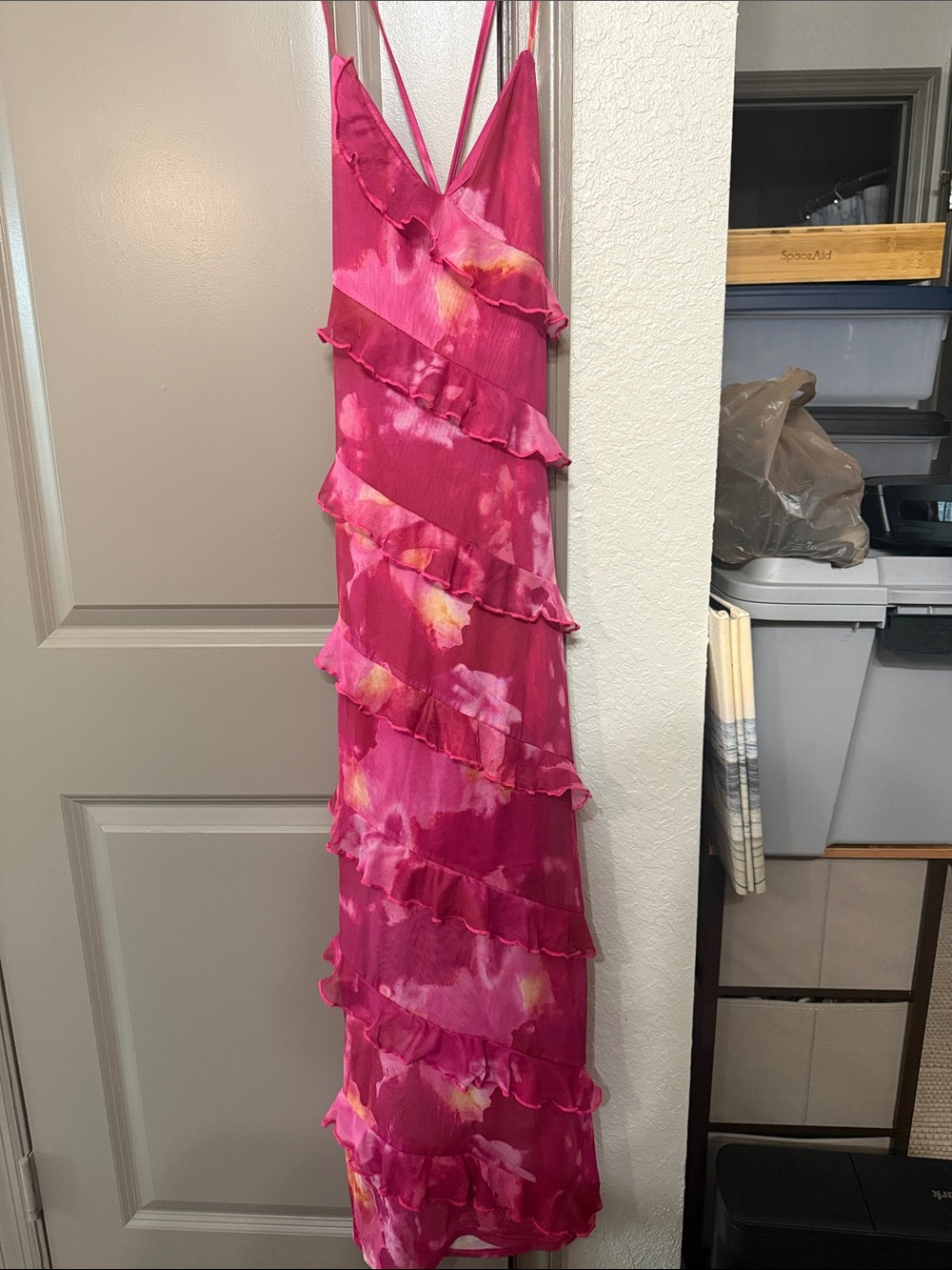 SHEIN Hot Pink Tiered Ruffle Maxi Dress with Yellow Accents